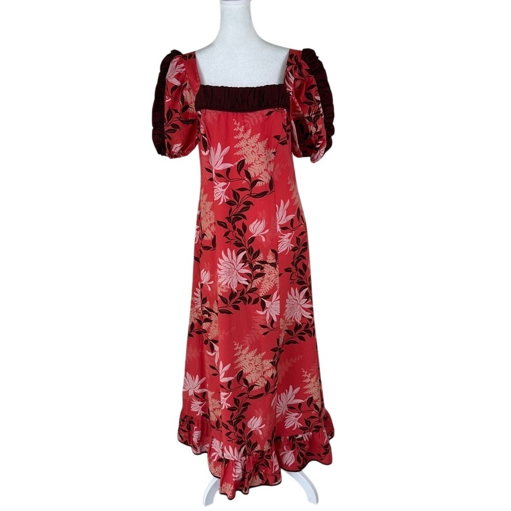 VTG Hoku Hawaii Muumuu Dress Women M Red Floral Tropical Puff Sleeve Maxi‎ Boho